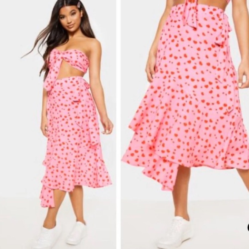 Pink hearts wrap midi skirt set